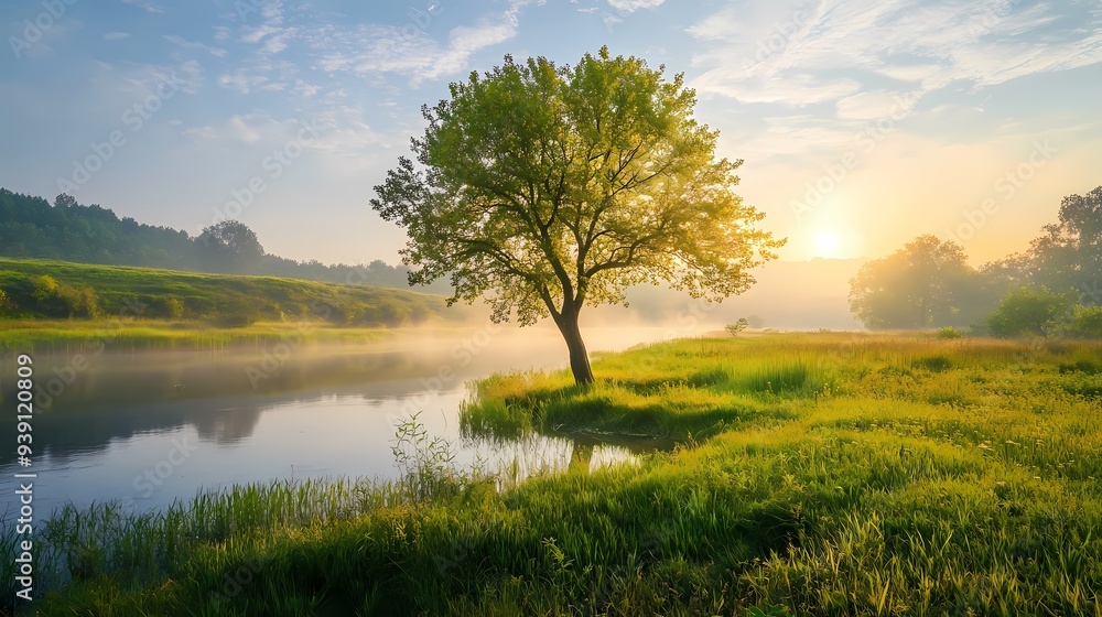 Fototapeta premium A beautiful green tree in a meadow near a river at sunrise with misty fog in the background, capturing a serene nature landscape