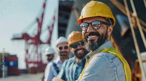 A team of ship engineers is having a meeting on the dock, discussing paperwork, cargo, and shipping plans.