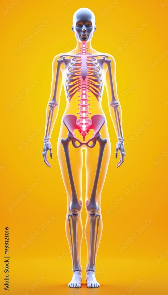 A detailed anatomical illustration of the human skeleton highlighting the spine and pelvis, suitable for educational, medical, and scientific purposes. A detailed anatomical illustration of the human skeleton highlighting the spine and pelvis, suitable for educational, medical, and scientific purposes.