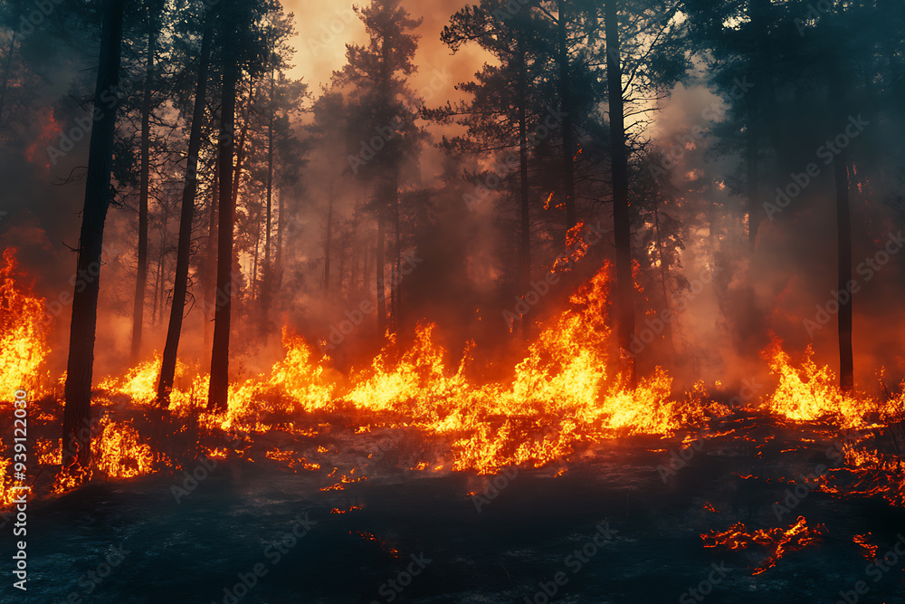 A powerful illustration showing the aftermath of an unextinguished campfire, leading to a forest fire A powerful illustration showing the aftermath of an unextinguished campfire, leading to a forest fire