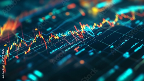 Detailed view of a financial graph showing stock price trends with colorful indicators and data points