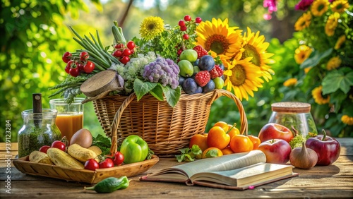 Wallpaper Mural Fresh fruits and vegetables overflowing from a woven basket on a sunny wooden table, surrounded by a vase with blooming flowers and a few recipe books. Torontodigital.ca