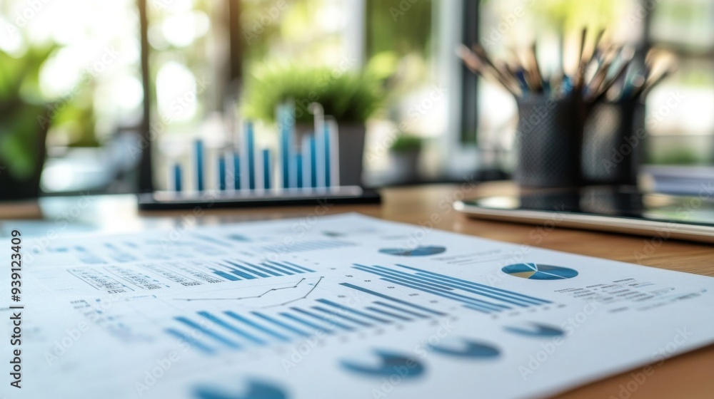 Detailed view of a financial report with complex graphs, charts, and numbers on a modern office desk Detailed view of a financial report with complex graphs, charts, and numbers on a modern office desk