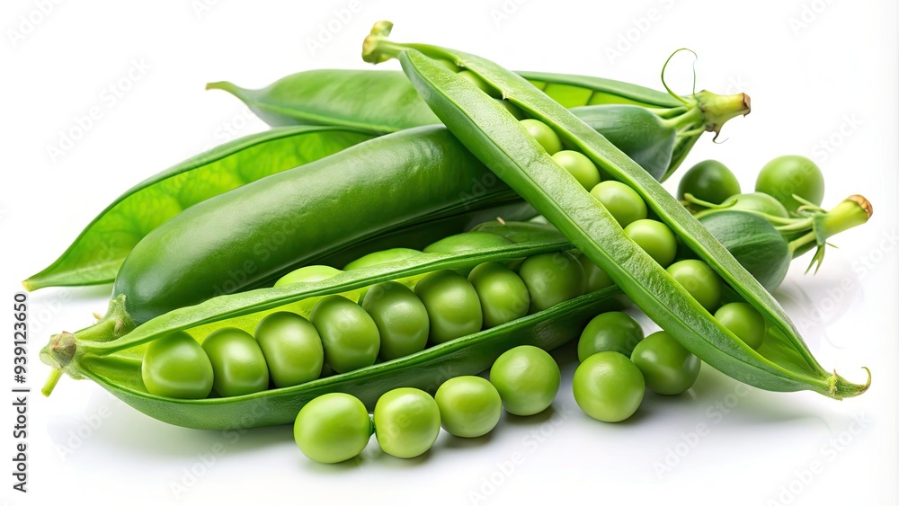 Fresh Green Pea Pods On The Vine, Isolated On A White Background, Showcasing Their Plump And Sweet Kernels. Fresh Green Pea Pods On The Vine, Isolated On A White Background, Showcasing Their Plump And Sweet Kernels.