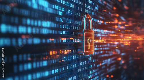 futuristic digital key unlocking a padlock on a virtual screen, representing cybersecurity and data protection, with a blurred background of binary code
