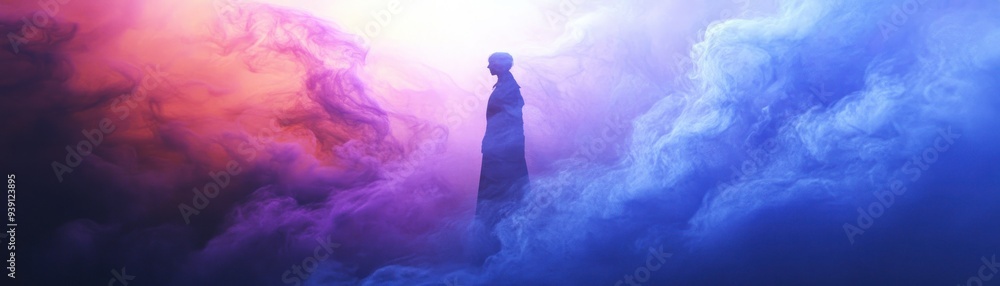Fototapeta premium Silhouette of a Figure Standing in a Cloud of Blue and Purple Smoke