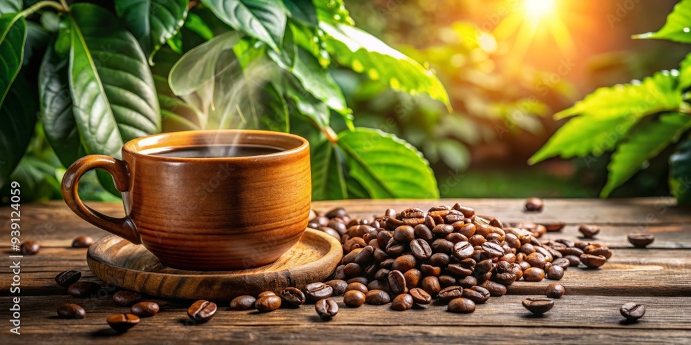 Sunlit shadows dance across a weathered wooden table, where a terracotta mug holds a rich brew, flanked by scattered coffee beans and lush greenery, with delicate moisture droplets on the leaves. Sunlit shadows dance across a weathered wooden table, where a terracotta mug holds a rich brew, flanked by scattered coffee beans and lush greenery, with delicate moisture droplets on the leaves.