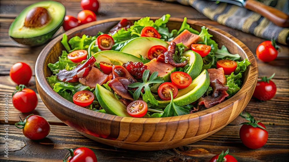 Fresh mixed greens, juicy cherry tomatoes, crispy bacon, and creamy avocado are artfully arranged in a modern wooden bowl, waiting to be devoured. Fresh mixed greens, juicy cherry tomatoes, crispy bacon, and creamy avocado are artfully arranged in a modern wooden bowl, waiting to be devoured.