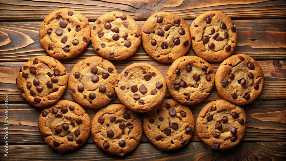 Freshly baked chocolate chip cookies, warm and gooey, arranged in a circular pattern with golden brown edges and soft, chewy centers, top view on a wooden table. Freshly baked chocolate chip cookies, warm and gooey, arranged in a circular pattern with golden brown edges and soft, chewy centers, top view on a wooden table.