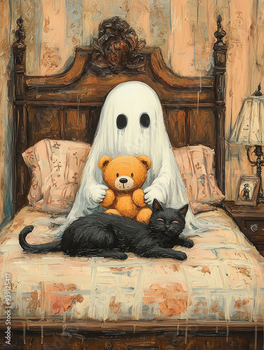 vintage style painting of a ghost sitting on the bed, hugging a teddy bear with their cat