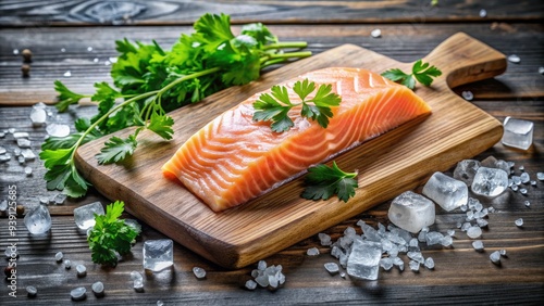 Freshly caught salmon fillet lies on a worn wooden cutting board, surrounded by scattered ice cubes and a few stray parsley leaves, ready for cleaning. photo