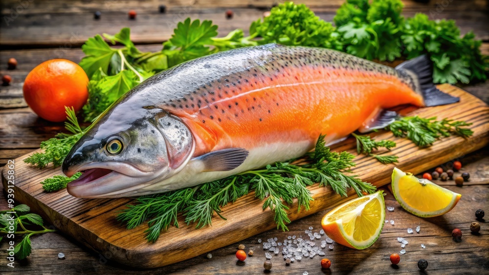 Freshly caught salmon with vibrant orange-pink flesh and silver skin, glistening with dew, lies on a rustic wooden table surrounded by lush greenery. Freshly caught salmon with vibrant orange-pink flesh and silver skin, glistening with dew, lies on a rustic wooden table surrounded by lush greenery.