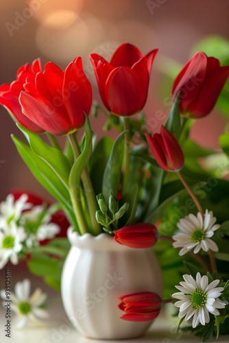 Nestled by the window, a ceramik vase with the red tulips of spring blossoms captures the essence of warmth and welcome in a cozy home, embraced by the sun's gentle glow. photo