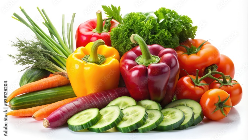 Freshly cut and arranged colorful vegetables including carrots, bell peppers, and cucumbers on a white background, creating a healthy and vibrant still-life composition. Freshly cut and arranged colorful vegetables including carrots, bell peppers, and cucumbers on a white background, creating a healthy and vibrant still-life composition.