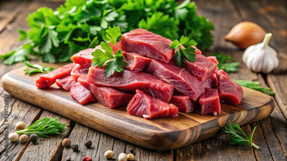 Freshly cut raw beef strips lay arranged on a rustic wooden cutting board, surrounded by scattered parsley and a hint of blurred kitchen background.