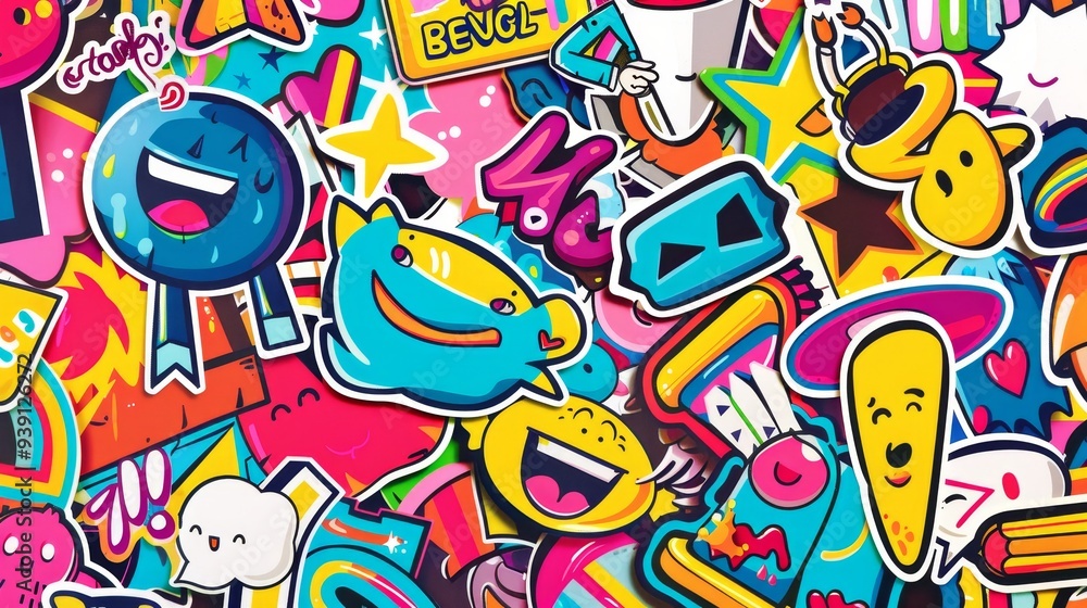 This is a lively and vibrant collection of colorful stickers that feature playful, cheerful icons and expressions This is a lively and vibrant collection of colorful stickers that feature playful, cheerful icons and expressions