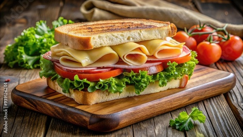 Freshly cut ham and melted cheese nestled between crispy bread slices, garnished with lettuce and tomato, sits on a rustic wooden cutting board awaiting consumption. photo