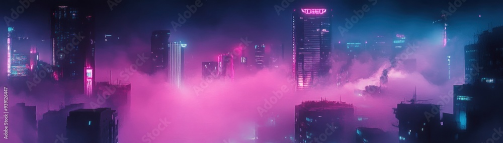 Fototapeta premium Neon-Lit Skyscrapers Emerging From Pink Fog in a Futuristic City