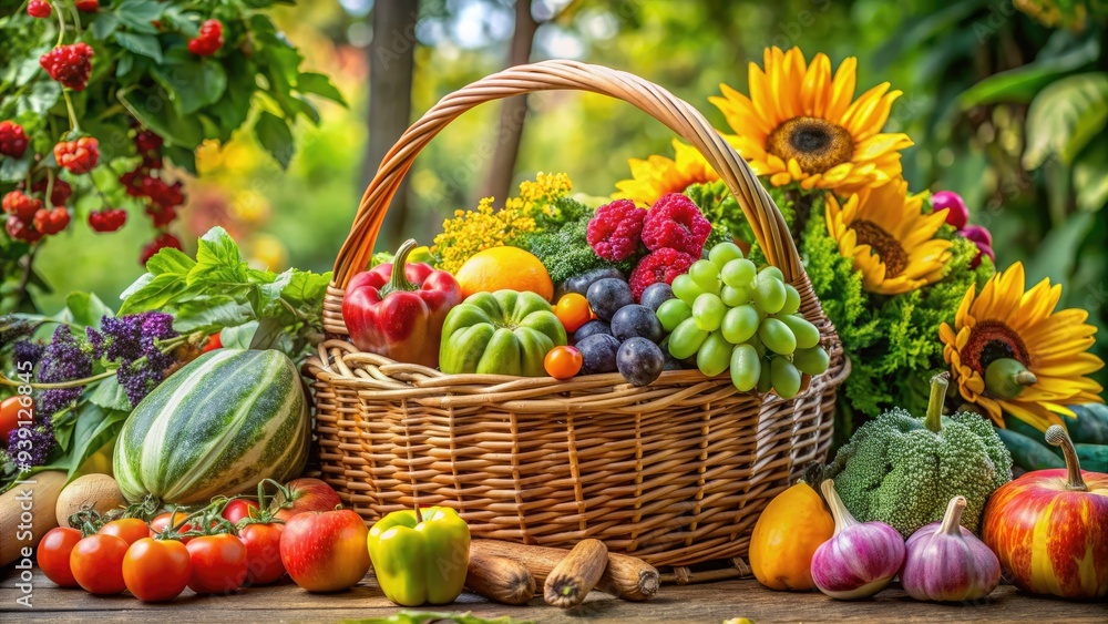 Freshly harvested seasonal fruits and vegetables arranged in a wicker basket, surrounded by lush greenery and vibrant flowers, evoking a sense of natural abundance. Freshly harvested seasonal fruits and vegetables arranged in a wicker basket, surrounded by lush greenery and vibrant flowers, evoking a sense of natural abundance.