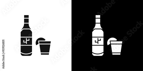 Tequila bottle and glass icon Flat vector set outline