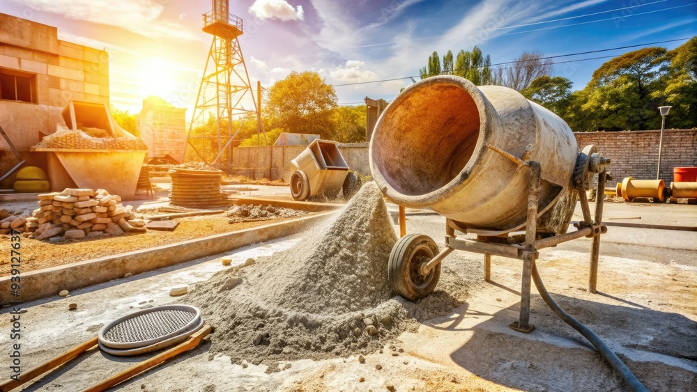 Freshly poured concrete flows from a cement mixer as a trowel lies nearby, surrounded by construction tools and scattered limestone aggregate on a sunny day. Freshly poured concrete flows from a cement mixer as a trowel lies nearby, surrounded by construction tools and scattered limestone aggregate on a sunny day.