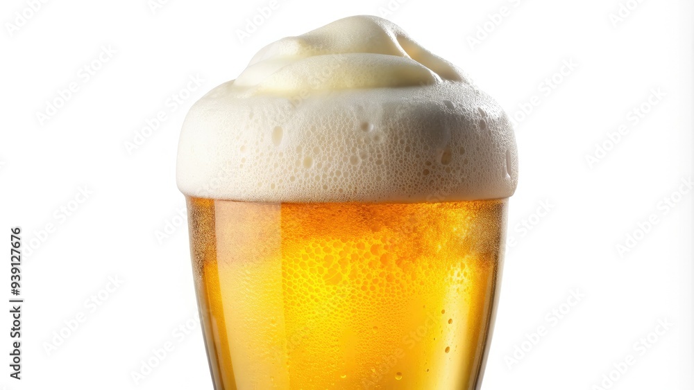 Freshly poured golden beer with a thick, creamy white foam head, perfectly isolated on a pure white background, emphasizing the refreshing beverage's inviting texture. Freshly poured golden beer with a thick, creamy white foam head, perfectly isolated on a pure white background, emphasizing the refreshing beverage's inviting texture.