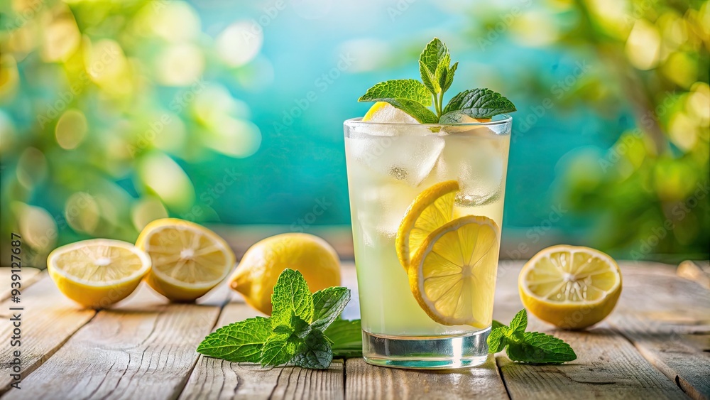 Fototapeta premium Freshly poured glass of ice-cold lemonade with condensation, garnished with a sprig of mint, set against a bright and refreshing summer background.