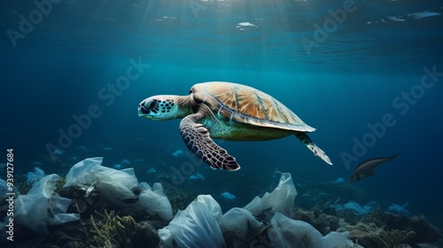 Tropical turtle and plastic bag in ocean underwater space. Neural network ai generated art