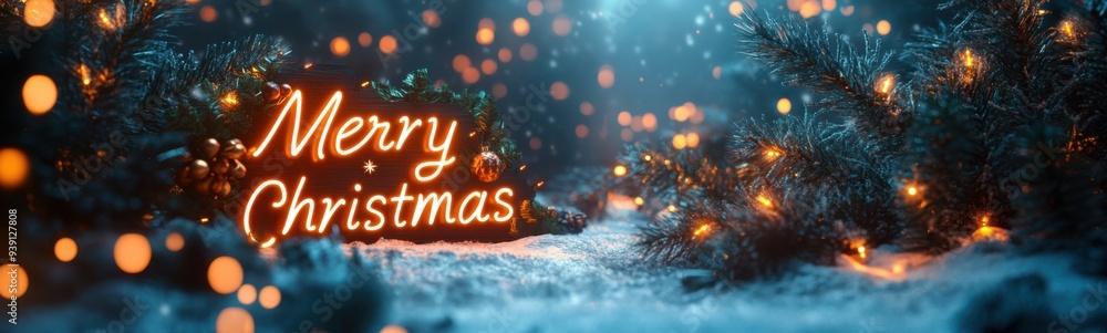 Merry christmas sign in the snow with lights on, christmas background, banner, copy space Merry christmas sign in the snow with lights on, christmas background, banner, copy space