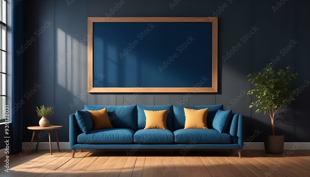 Interior mockup In a white room a blue sofa is placed next to a photo frame on the wall Interior mockup In a white room a blue sofa is placed next to a photo frame on the wall