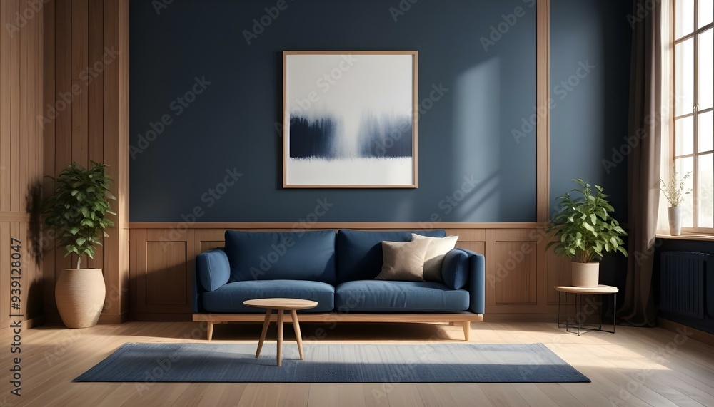 Interior mockup In a white room a blue sofa is placed next to a photo frame on the wall Interior mockup In a white room a blue sofa is placed next to a photo frame on the wall