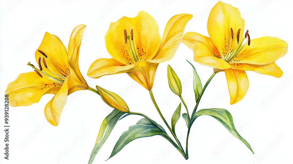 Obraz premium bouquet of yellow lilies, yellow lily isolated on white, floral background, yellow flowers