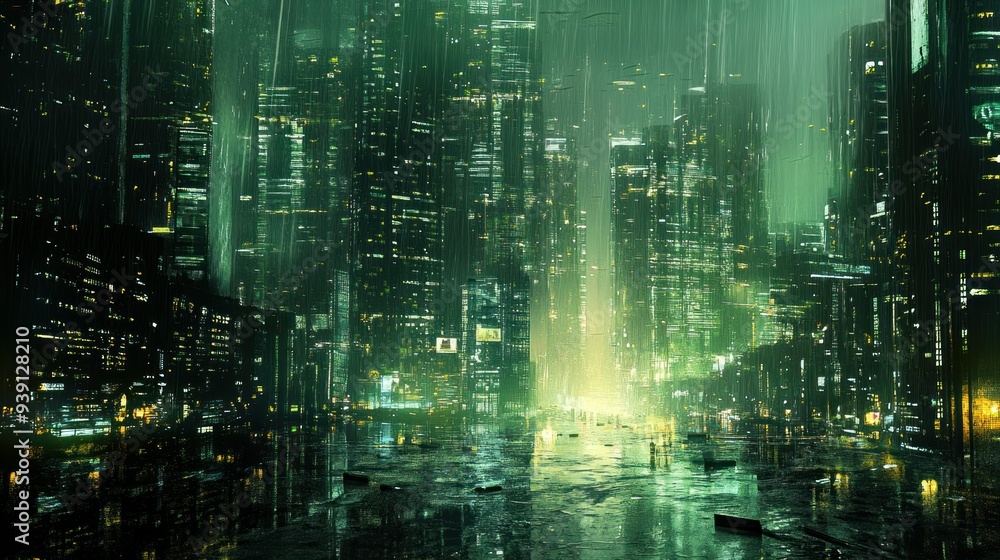 Rain-Soaked Futuristic Cityscape with Reflections Rain-Soaked Futuristic Cityscape with Reflections
