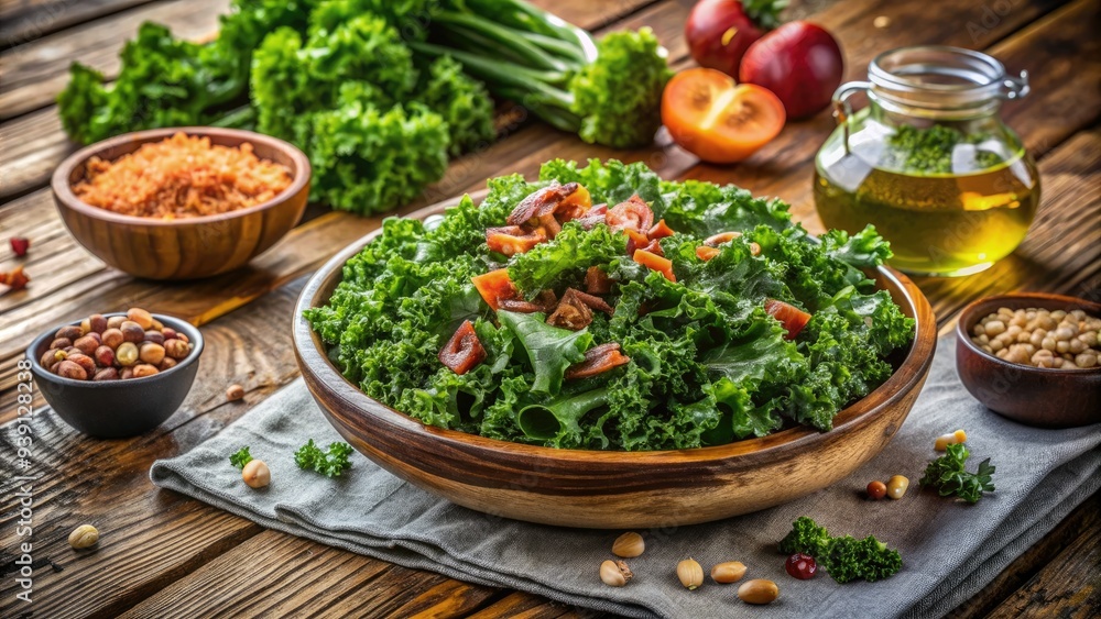 Freshly shredded kale scattered on a rustic wooden table, surrounded by healthy ingredients and a few strips of crispy bacon, ready for a nutritious salad. Freshly shredded kale scattered on a rustic wooden table, surrounded by healthy ingredients and a few strips of crispy bacon, ready for a nutritious salad.