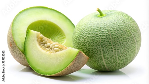 Freshly sliced honeydew melon half resting on a crisp white background, showcasing its vibrant green rind and juicy pale green flesh with subtle sheen.