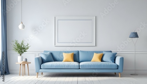 Interior mockup In a white room a blue sofa is placed next to a photo frame on the wall