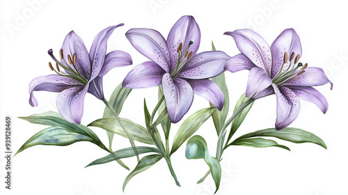 purple flowers isolated on white, lavender lily plant on white background, watercolor style, purple iris flower