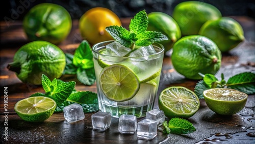 Wallpaper Mural Freshly squeezed lime juice poured over a sprig of mint leaves in a glass, surrounded by ice cubes and garnished with a lime wheel. Torontodigital.ca