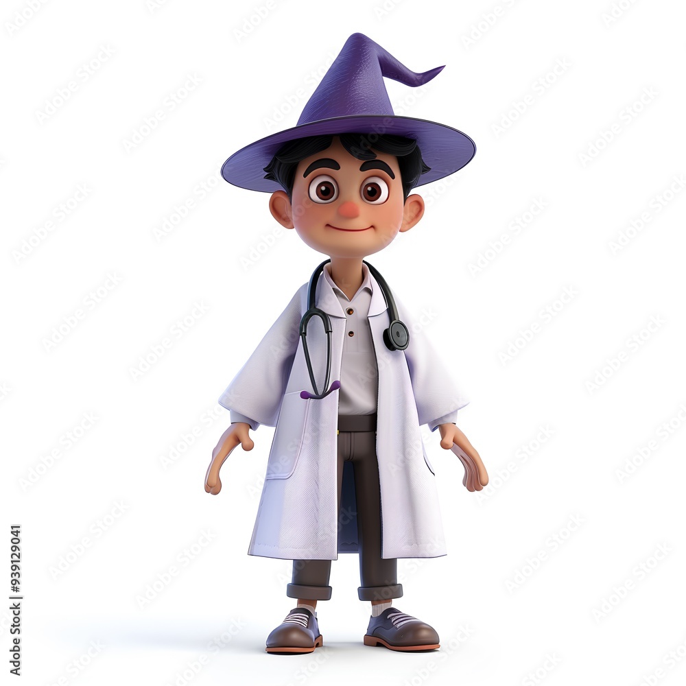 Cute children's doctor in robe and with stethoscope with Halloween hat, doctor in Halloween costume, cute doctor, cartoon 3d style Cute children's doctor in robe and with stethoscope with Halloween hat, doctor in Halloween costume, cute doctor, cartoon 3d style