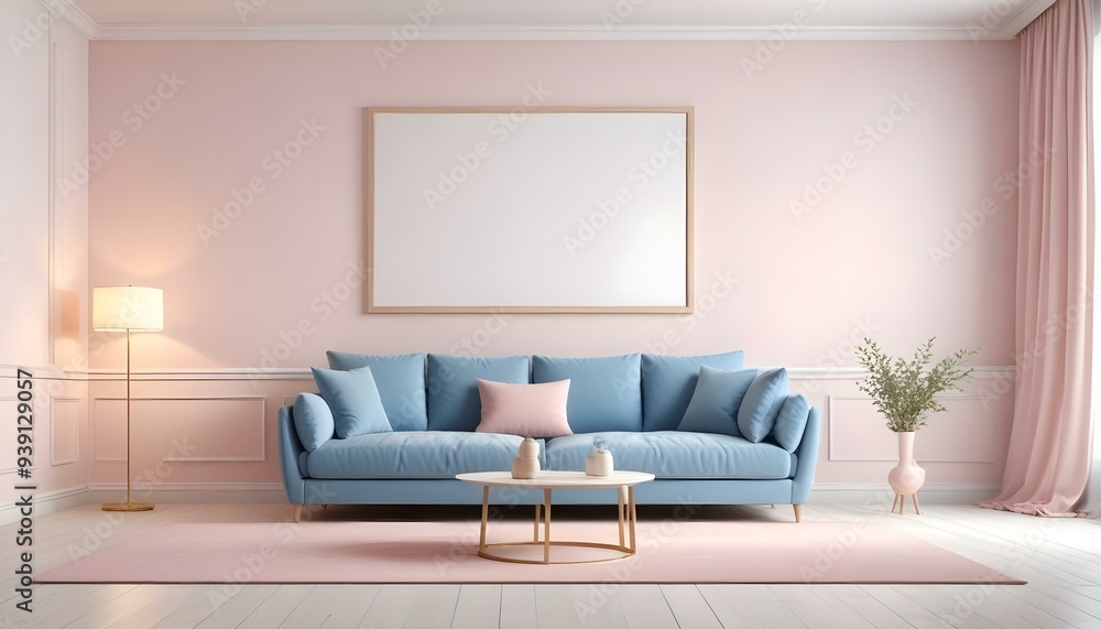 Interior mockup In a white room a blue sofa is placed next to a photo frame on the wall Interior mockup In a white room a blue sofa is placed next to a photo frame on the wall