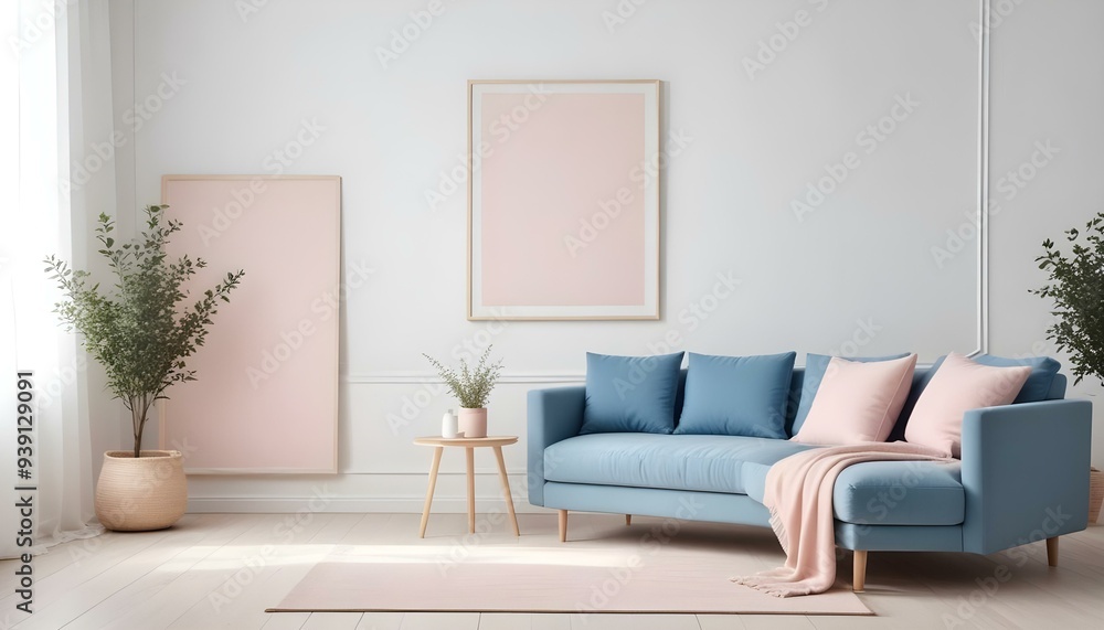 Interior mockup In a white room a blue sofa is placed next to a photo frame on the wall Interior mockup In a white room a blue sofa is placed next to a photo frame on the wall