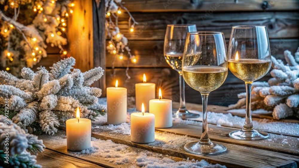 Frosted wine glasses and candles adorn a rustic wooden table amidst a serene winter wonderland backdrop, evoking cozy sophistication and seasonal celebration. Frosted wine glasses and candles adorn a rustic wooden table amidst a serene winter wonderland backdrop, evoking cozy sophistication and seasonal celebration.