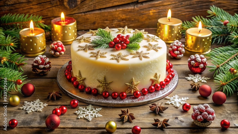 Frosted snowflake-patterned Christmas cake adorned with red berries, golden ornaments, and candles, placed on a rustic wooden table with festive holly and evergreen accents. Frosted snowflake-patterned Christmas cake adorned with red berries, golden ornaments, and candles, placed on a rustic wooden table with festive holly and evergreen accents.