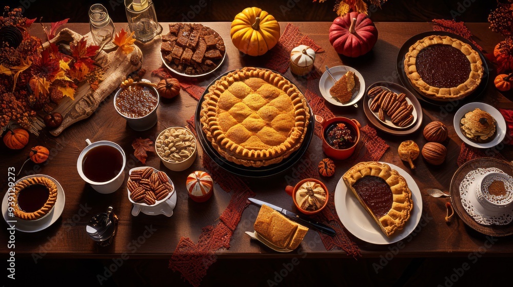 Thanksgiving pumpkin and apple various pies, top view, copy space. Neural network ai generated art Thanksgiving pumpkin and apple various pies, top view, copy space. Neural network ai generated art