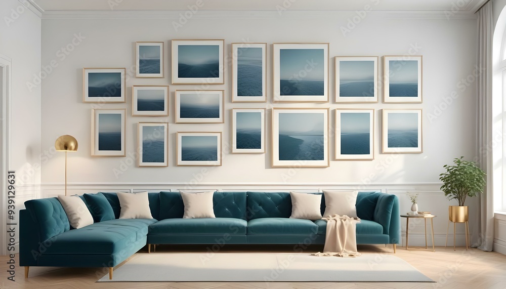 Interior mockup In a white room a blue sofa is placed next to a photo frame on the wall Interior mockup In a white room a blue sofa is placed next to a photo frame on the wall