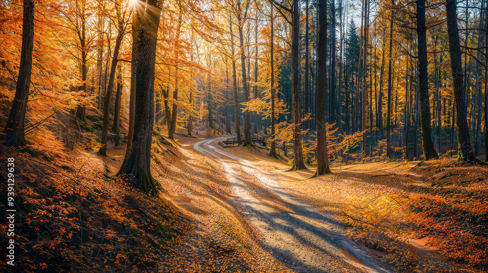 Fototapeta premium A Serene Winding Path Through the Golden Autumn Forest