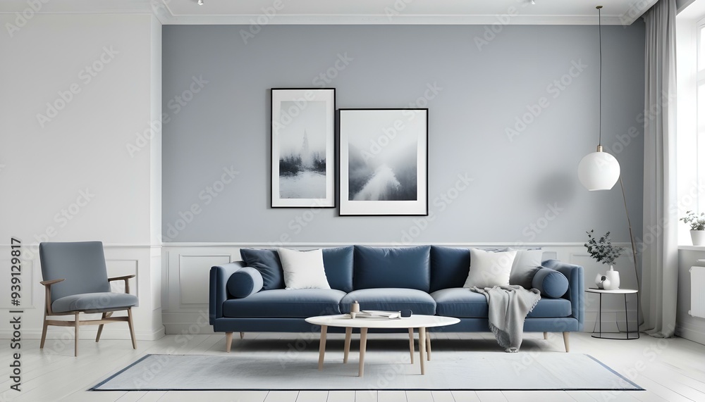 Interior mockup In a white room a blue sofa is placed next to a photo frame on the wall Interior mockup In a white room a blue sofa is placed next to a photo frame on the wall