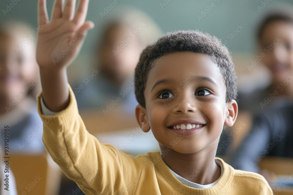 A young boy is smiling and waving at the camera in a classroom A young boy is smiling and waving at the camera in a classroom