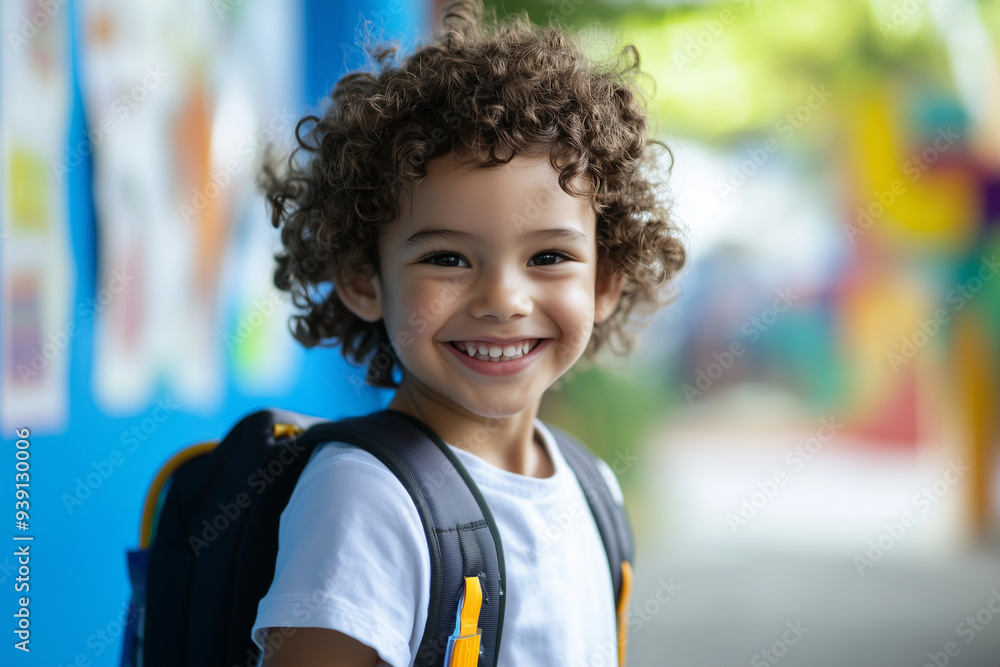 A young child with curly hair is smiling and wearing a backpack A young child with curly hair is smiling and wearing a backpack