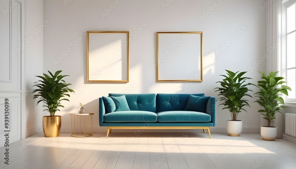 Interior mockup In a white room a blue sofa is placed next to a photo frame on the wall Interior mockup In a white room a blue sofa is placed next to a photo frame on the wall